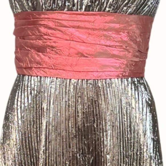 Precious Formals Metallic Silver Strapless Gown Pleated with Scarlet Band Sz 12 - Picture 7 of 10